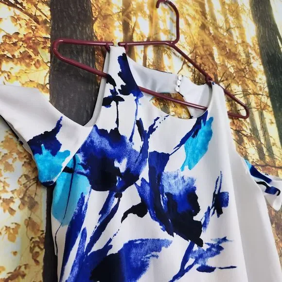 Lauren Ralph Lauren Womens 6 Cold Sholder Cut-Out Floral Crepe Shift Dress Blue - Picture 2 of 16